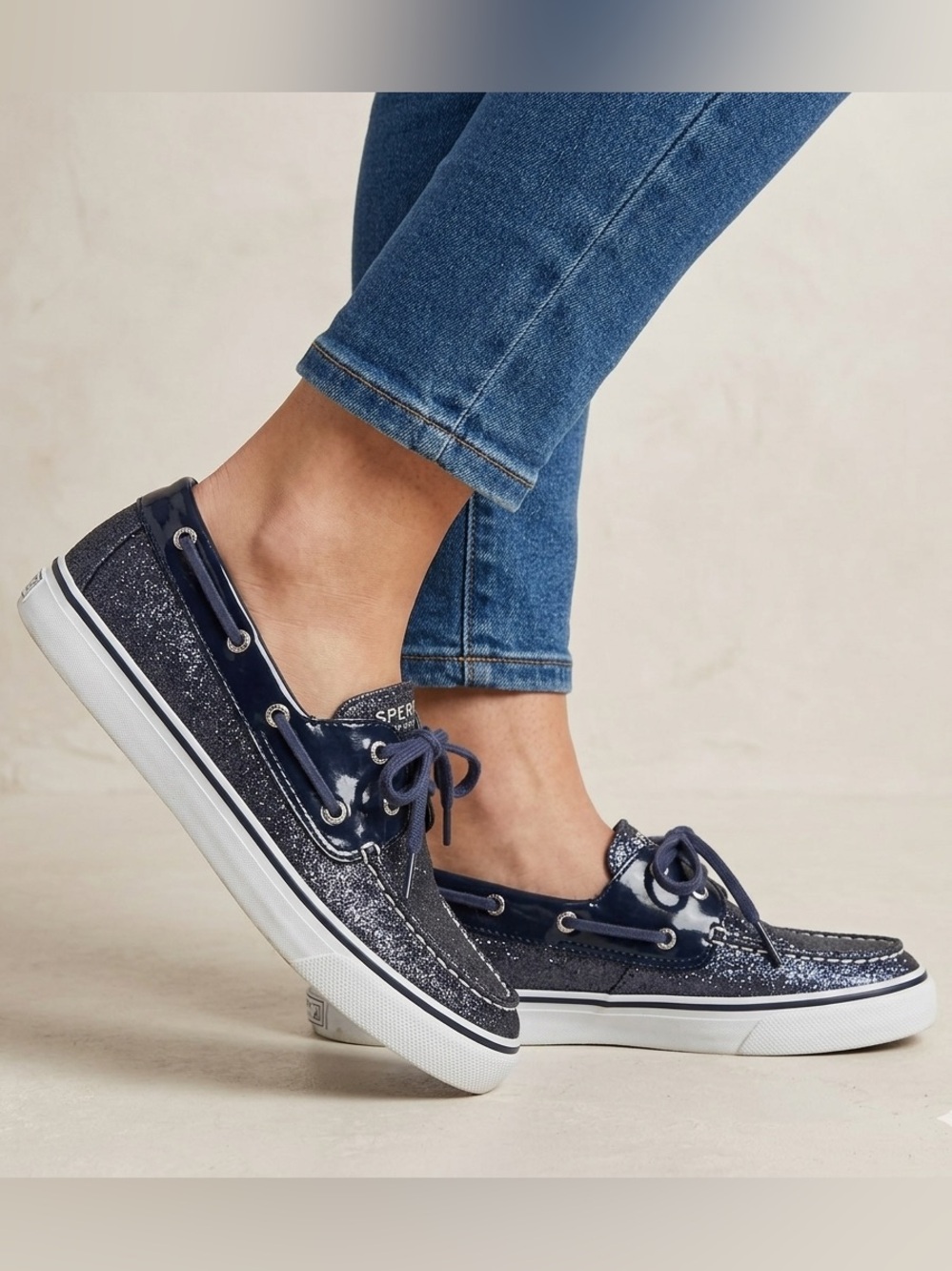 Sperry Top-Sider Boat Shoes Women 9.5 Navy Blue Glitter Biscayne Sparkle EUC